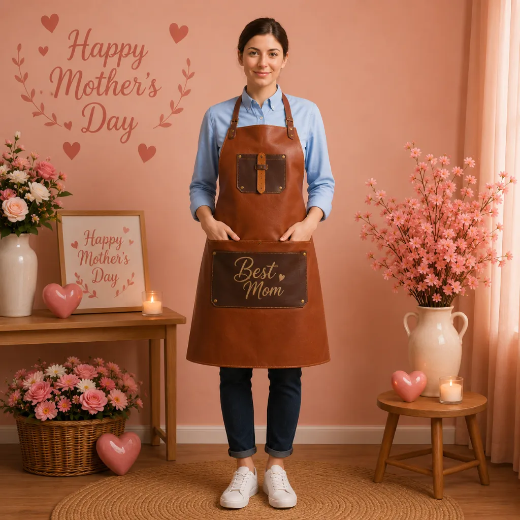 Happy-15.webp Happy Mother's Day Cowhide Leather Brown Apron - Image 1