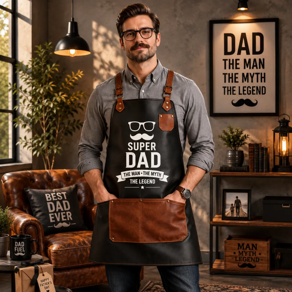 Happy-24.webp Super Dad Genuine Vintage Black Leather Apron | Father's Day Gift - Image 1