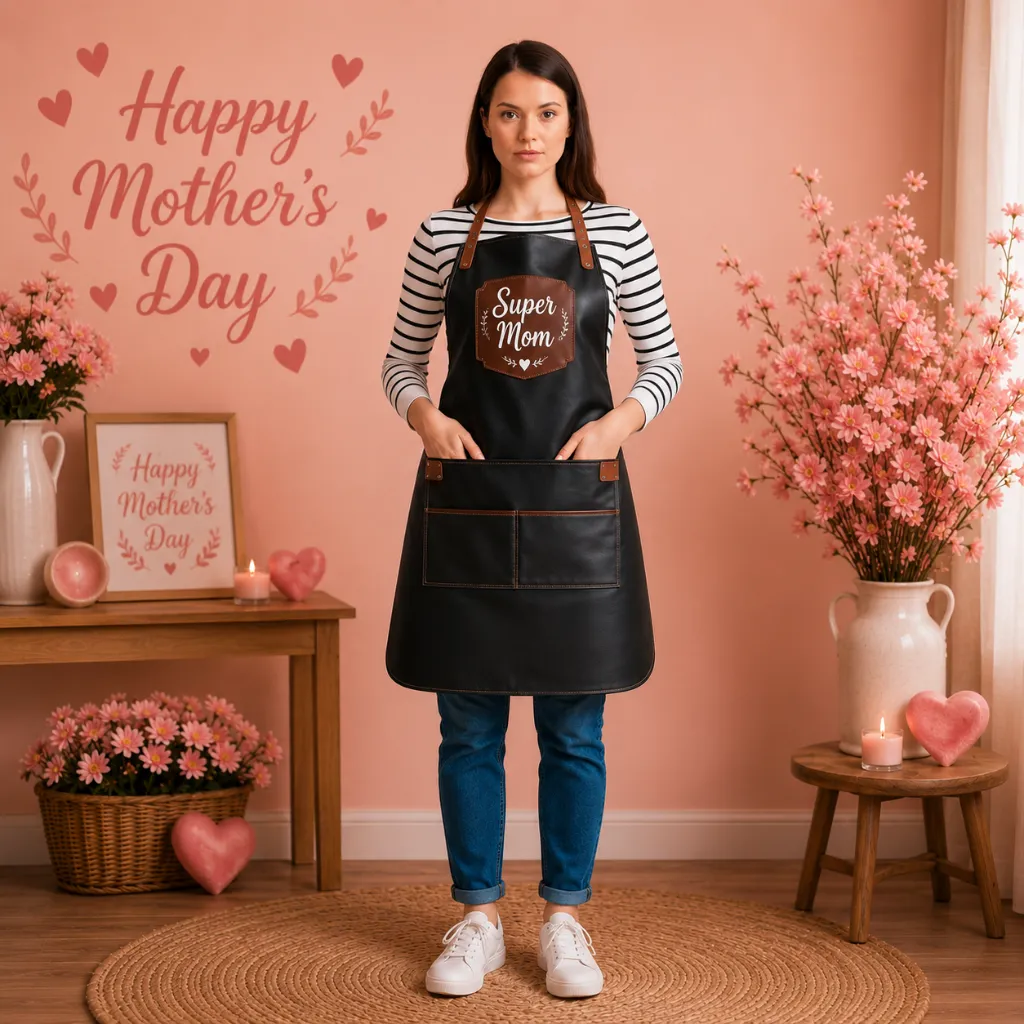 Happy-4.webp Patina Super Mom Black Cowhide Leather Apron - Image 1