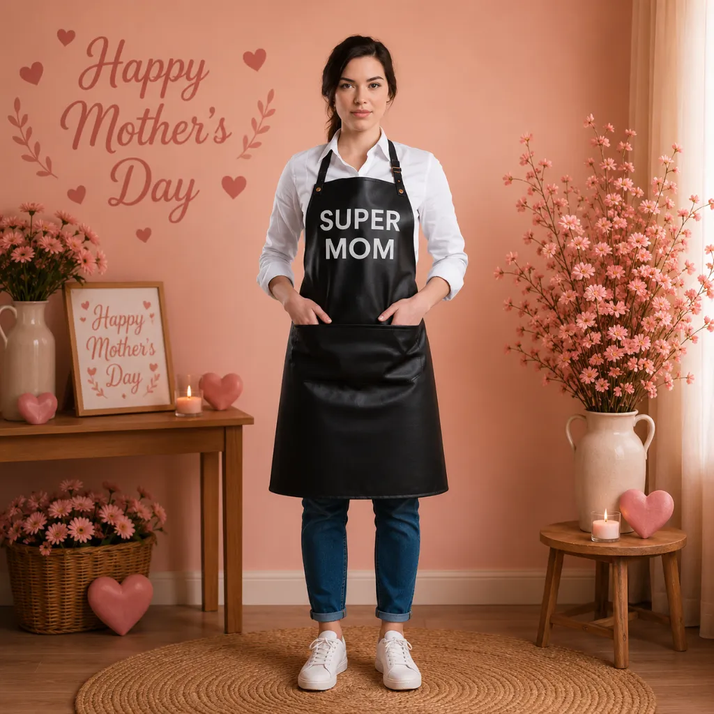 Happy-6.webp Fashion Style Super Mom Black Cowhide Leather Apron - Image 1