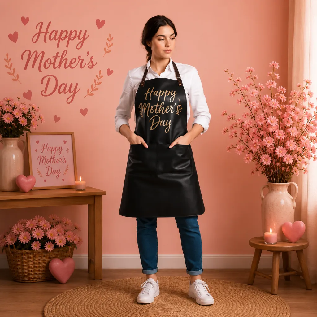 Happy-8.webp Bespoke Happy Mother's Day Black Cowhide Leather Apron - Image 1