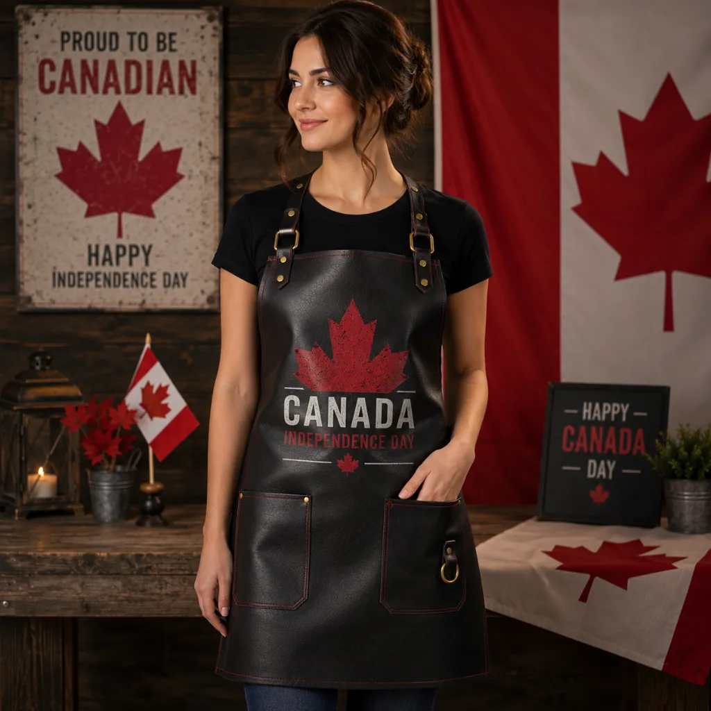 Independence-6.webp Canada Independence Day Leather Apron for Women – Premium Black Genuine Leather Apron | Worldwide Shipping - Image 1