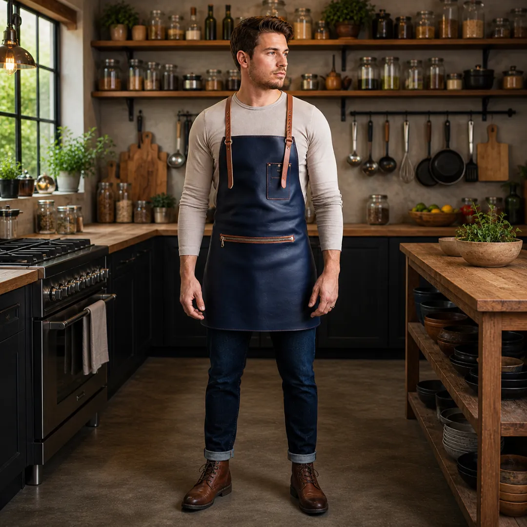 Untitled-2026-05-01T234447.350.webp Finlay 1 Zipper Navy Cowhide Leather Apron - Image 1