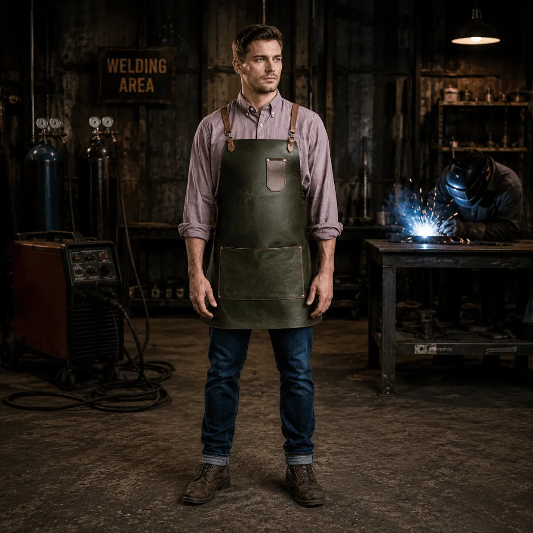 Untitled-2026-05-07T160554.315.webp Porter 2 Pockets Green Cowhide Leather Apron - Image 1
