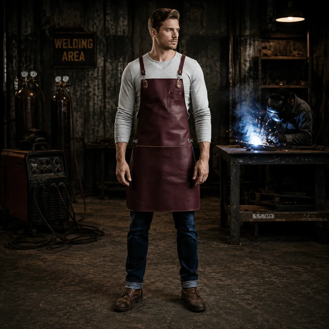Untitled-2026-05-07T205354.451.webp Merritt 2 Pockets Maroon Cowhide Leather Apron - Image 1