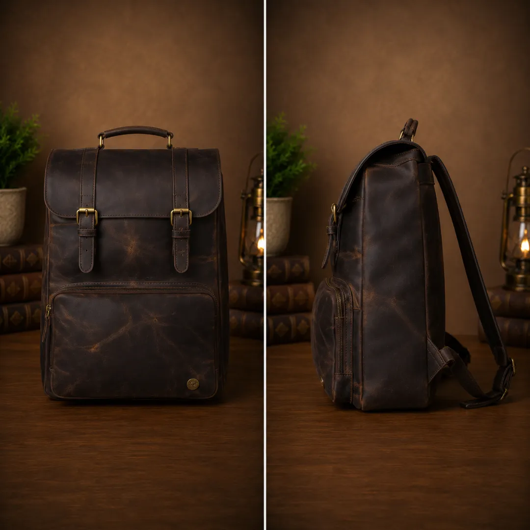 Untitled-2026-05-21T161304.812.webp Vintage Leather Backpack - Distressed Brown Rucksack - Image 1