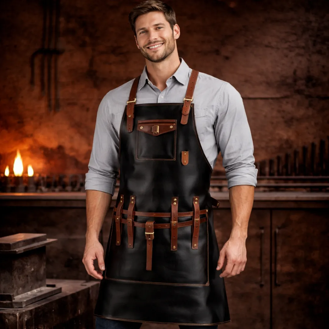 Untitled.webp Vibrant Black Crazy Horse Leather Apron - Image 1