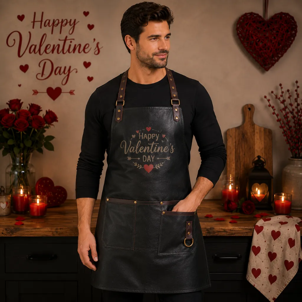 Valentine-12.webp Valentine Day Gift Black Leather Apron for Men – Premium Genuine Leather Cooking & BBQ Apron - Image 1
