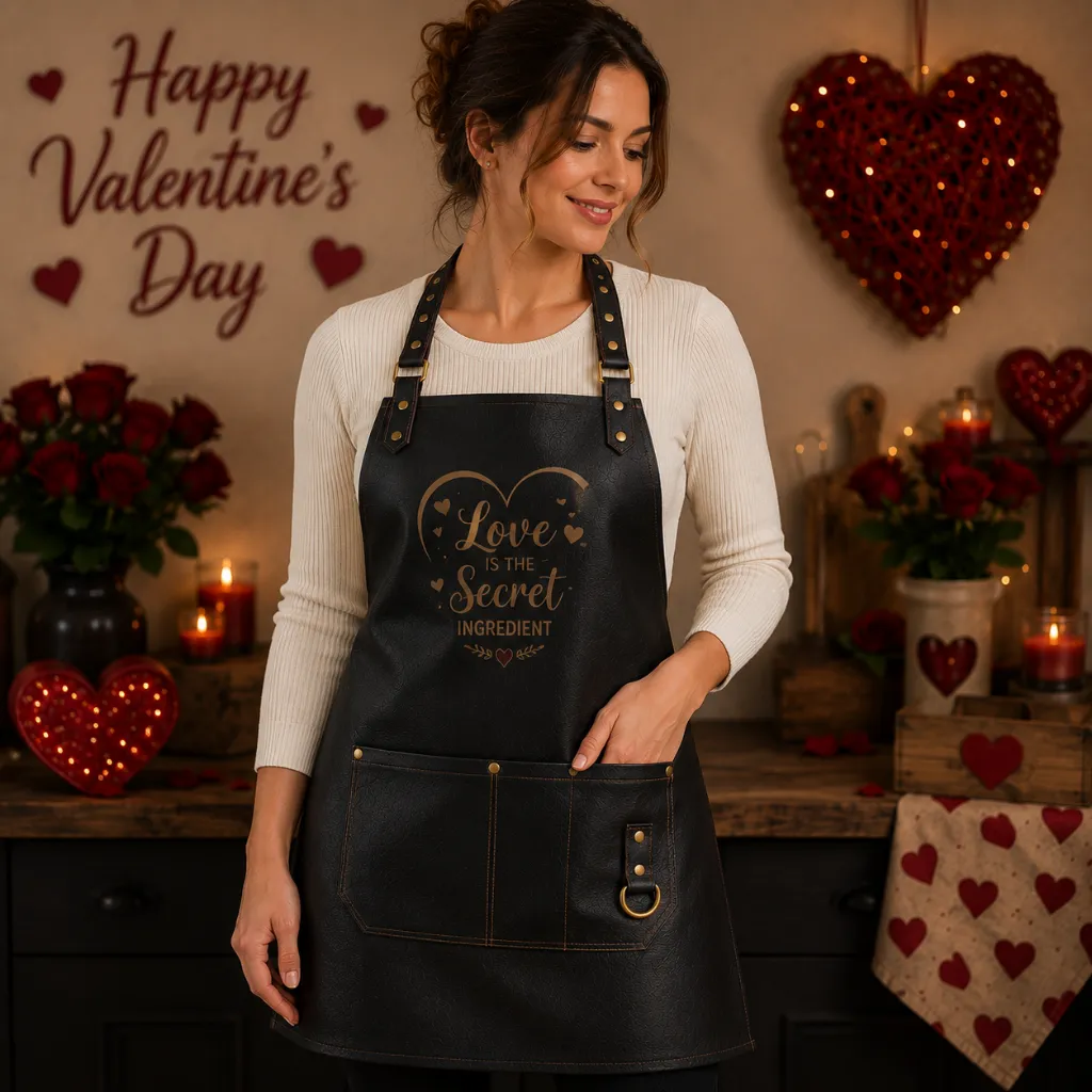 Valentine-17.webp Valentine Day Gift Black Leather Apron for Women – Premium Genuine Leather Kitchen & BBQ Apron - Image 1