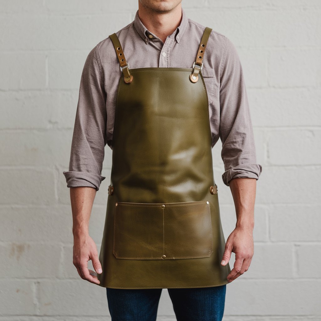 a-photo-of-a-man-wearing-a-long-sleeved-shirt-and-1HqgsoGcRU62sYcUaf5TbQ-5NvuPIGZSXmfmtne-nGLdA.jpeg Ellis 1 Pocket Olive Green Crazyhorse Leather Apron - Image 1
