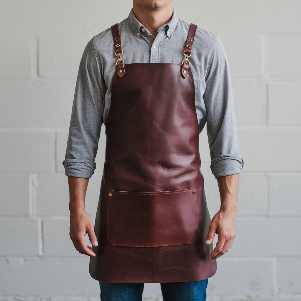 a-photo-of-a-man-wearing-a-long-sleeved-shirt-and-8q4WetO3Q3-0-L39s3lV-A-kgL-oOaERBSIji9_IyH7pA.png Truman 1 Pocket Maroon Crazyhorse Leather Apron - Image 1