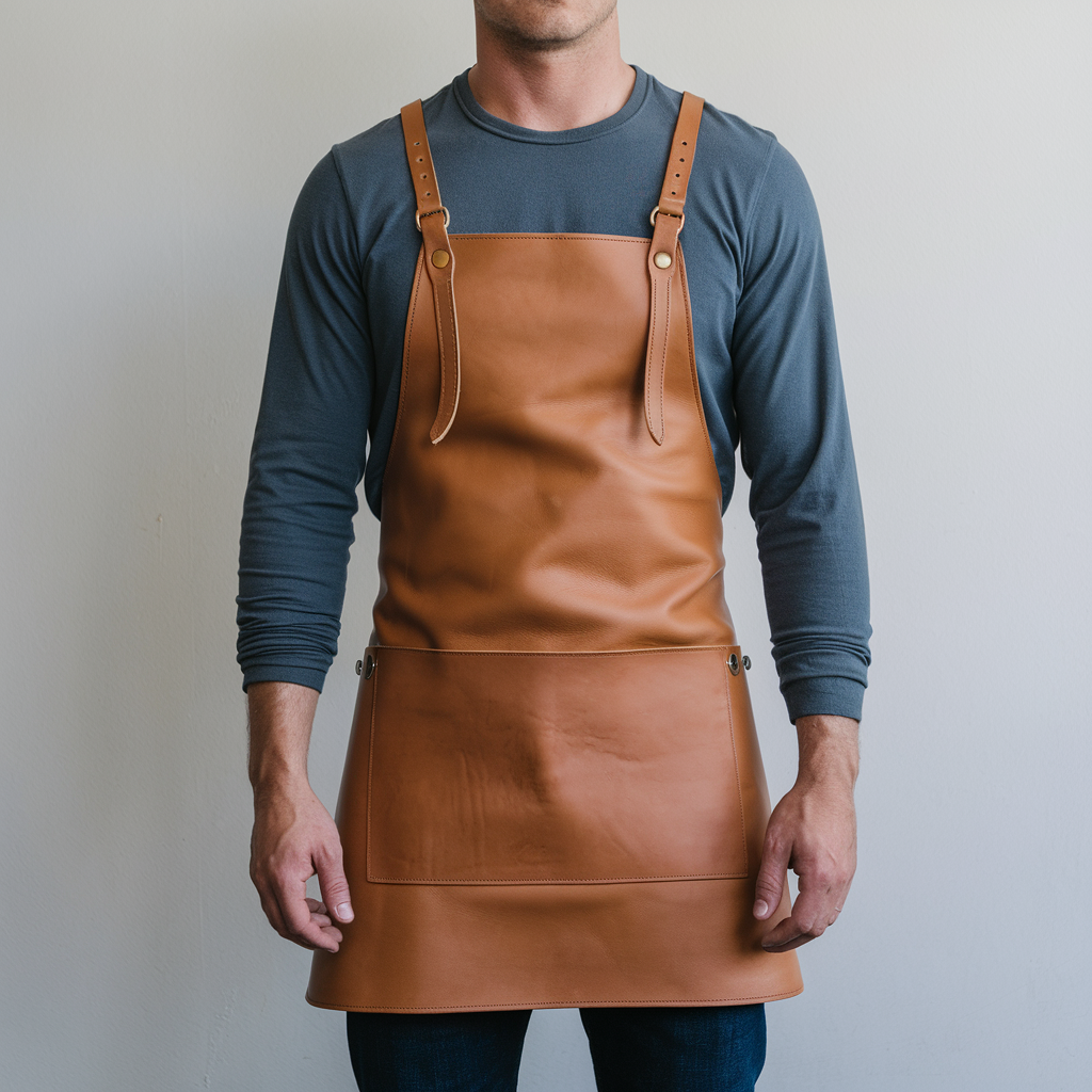 a-photo-of-a-man-wearing-a-long-sleeved-shirt-and-MyuKeJsvRNK-bnT2wROH5g-uONXjG4bRvibW2nnEOEDzQ.png Ramsey 1 Pocket Brown Cowhide Leather Apron - Image 1