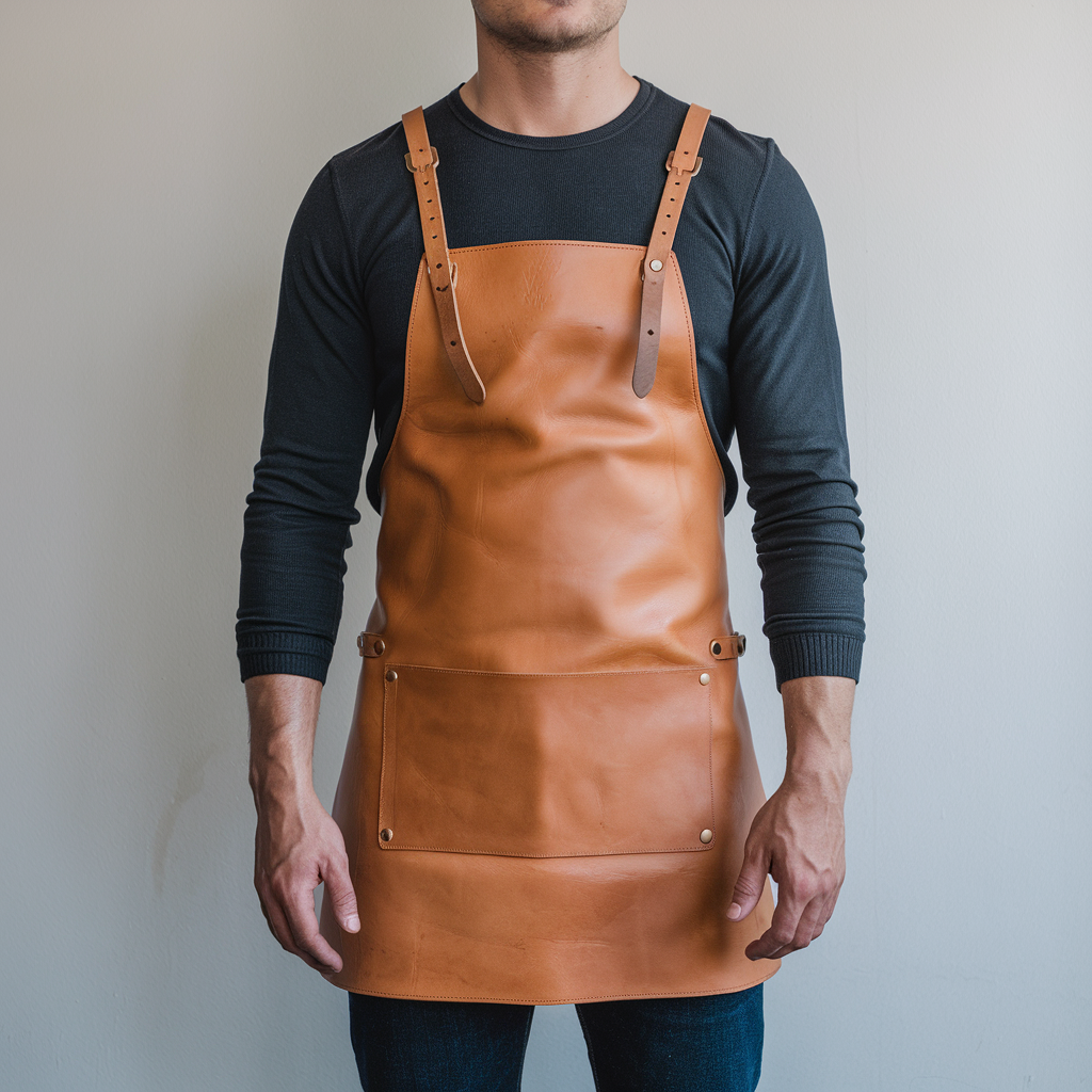 a-photo-of-a-man-wearing-a-long-sleeved-shirt-and-kPol05KWTmCeBUVEjzeN-w-f3XsV6f7QO6uYftl-68cfw.png Foster 1 Pocket Tan Crazyhorse Leather Apron - Image 1