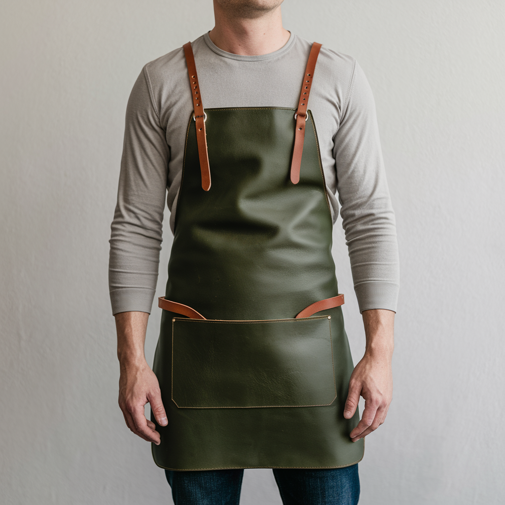 a-photo-of-a-man-wearing-a-long-sleeved-shirt-and-zLMZL3ANQ4u1v-T_xbLGWg-rA0VbrqsQNGoCE3-bTGonA.png Mason 1 Pocket Green Crazyhorse Leather Apron - Image 1