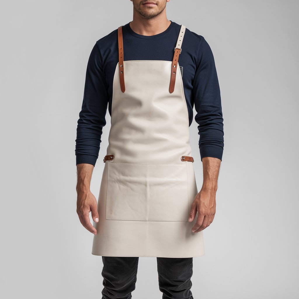 a-photo-of-a-man-wearing-a-navy-long-sleeved-shirt-QEsYI6HLSB62rQW51MFRBA-K_vClsb2TUqeb-hMD5Azlg.jpeg Nash 1 Pocket White Crazyhorse Leather Apron - Image 1