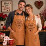 Valentine's Day Couple Leather Apron Set – Premium Tan Genuine Leather Cooking Aprons for Him & Her